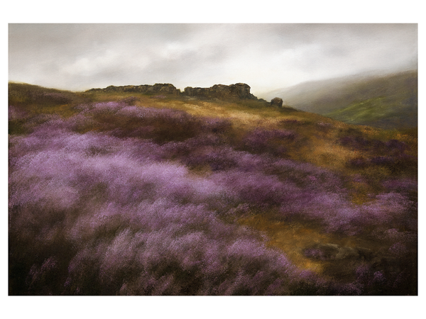 Print of Oil Painting of Cow and Calf Rocks, Ilkley, West Yorkshire with heather.