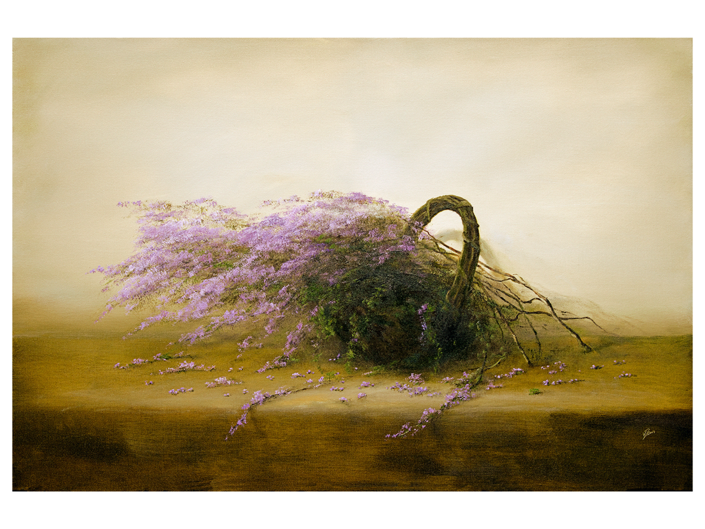 Print from oil painting of a wicker basket with heather on a wooden surface.