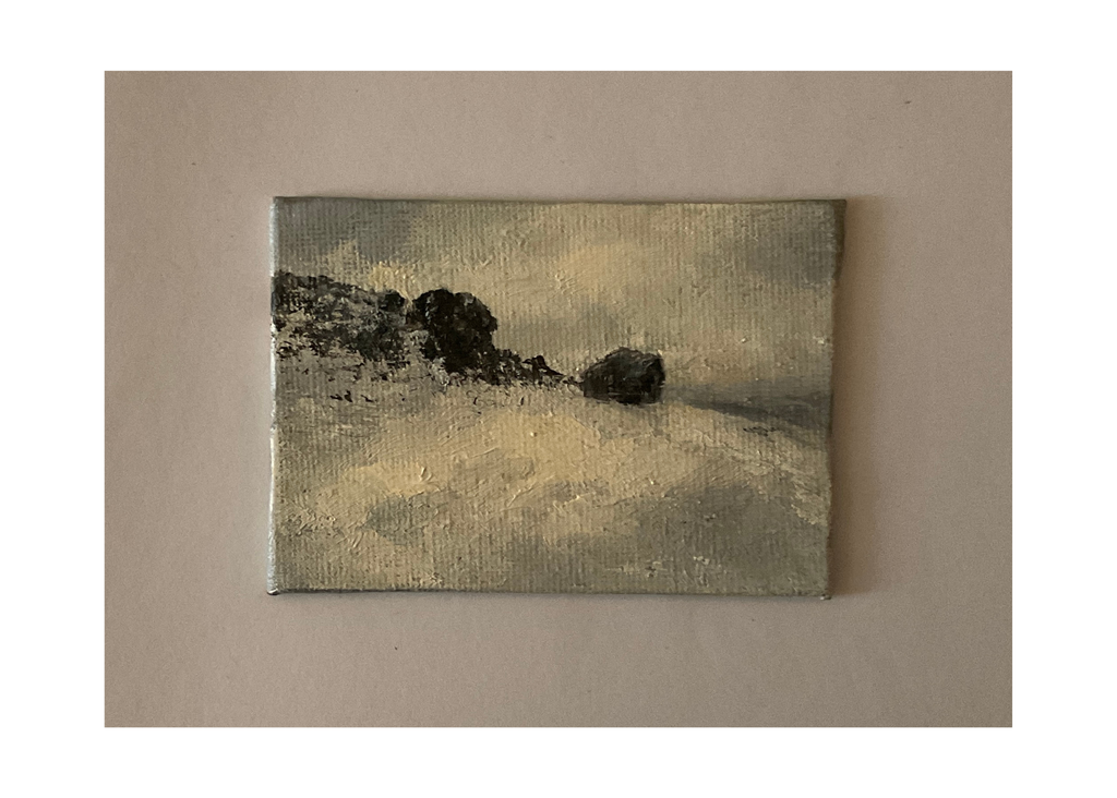 Miniature oil painting of an Ilkley Moor scene with drifted snow and the Cow and Calf Rocks.