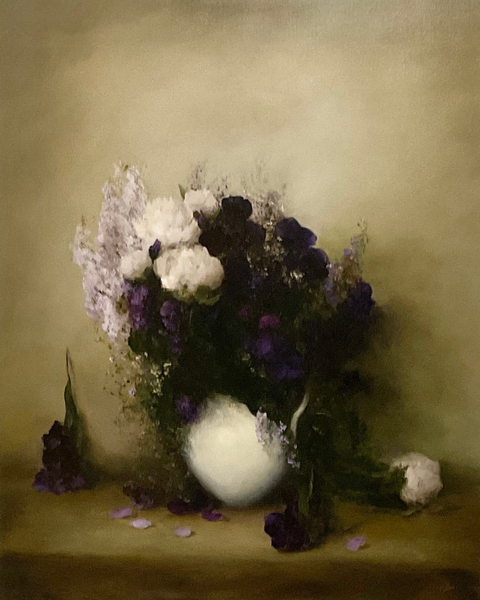 Oil painting of a mixed bouquet featuring lisianthus, white peonies and more.