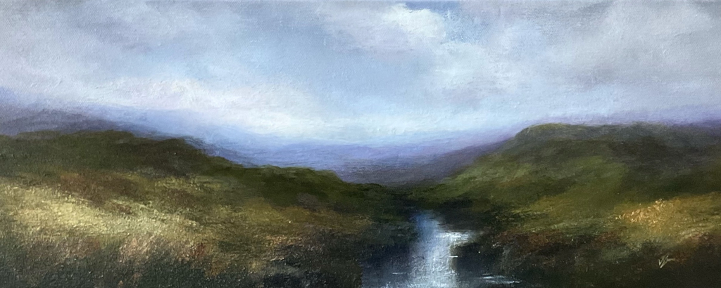 Oil painting of wetland landscape with a path winding through grassy hills under a cloudy sky.