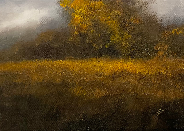 Painting of a landscape with trees and a field in Autumn.