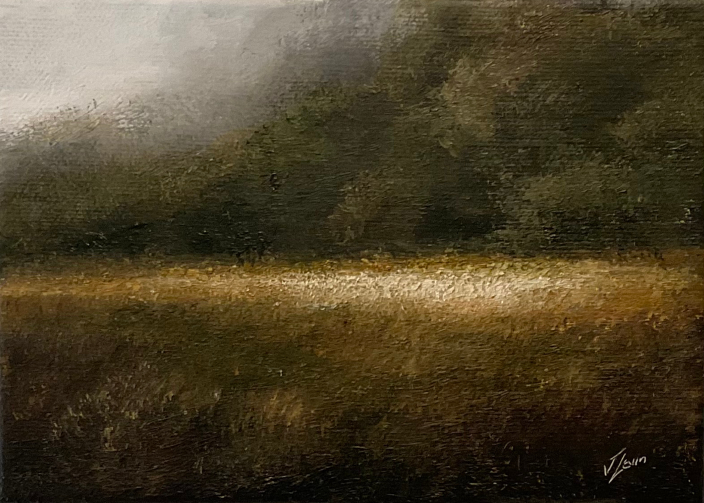 Oil painting of barley in a meadow.