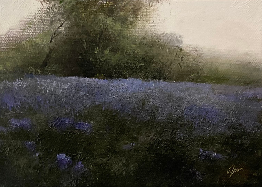 Oil painting of a  meadow field with cornflower.