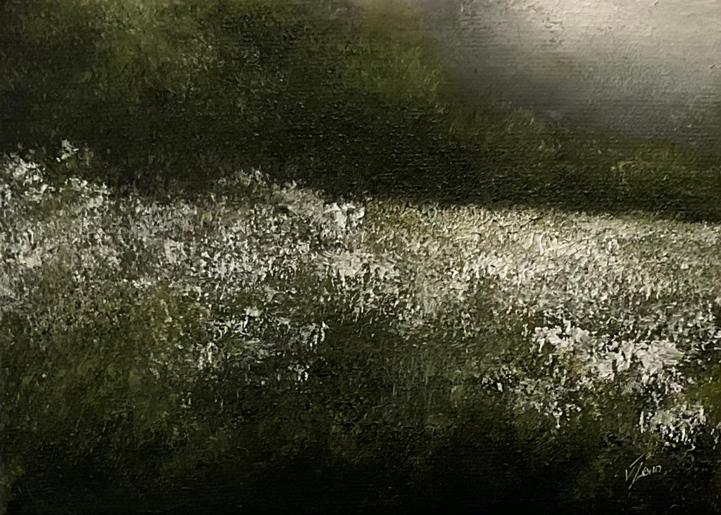 Oil painting of a meadow landscape with cow parsley.