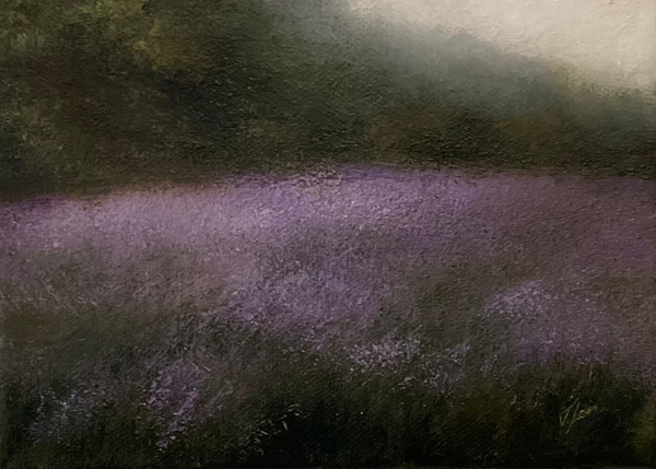 Original oil painting by Judith Levin of a meadow landscape with lavender.