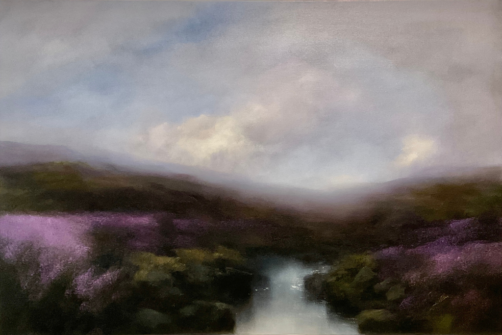 Oil painting of a landscape showing rain clouds lifting over stones, the heather moors and a stream.