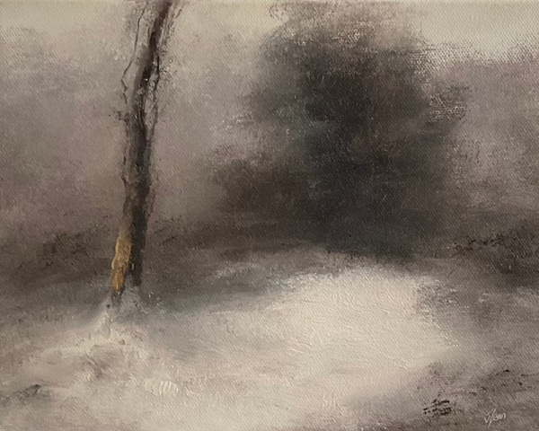 Oil painting of a tree surrounded by snow on a winter morning.