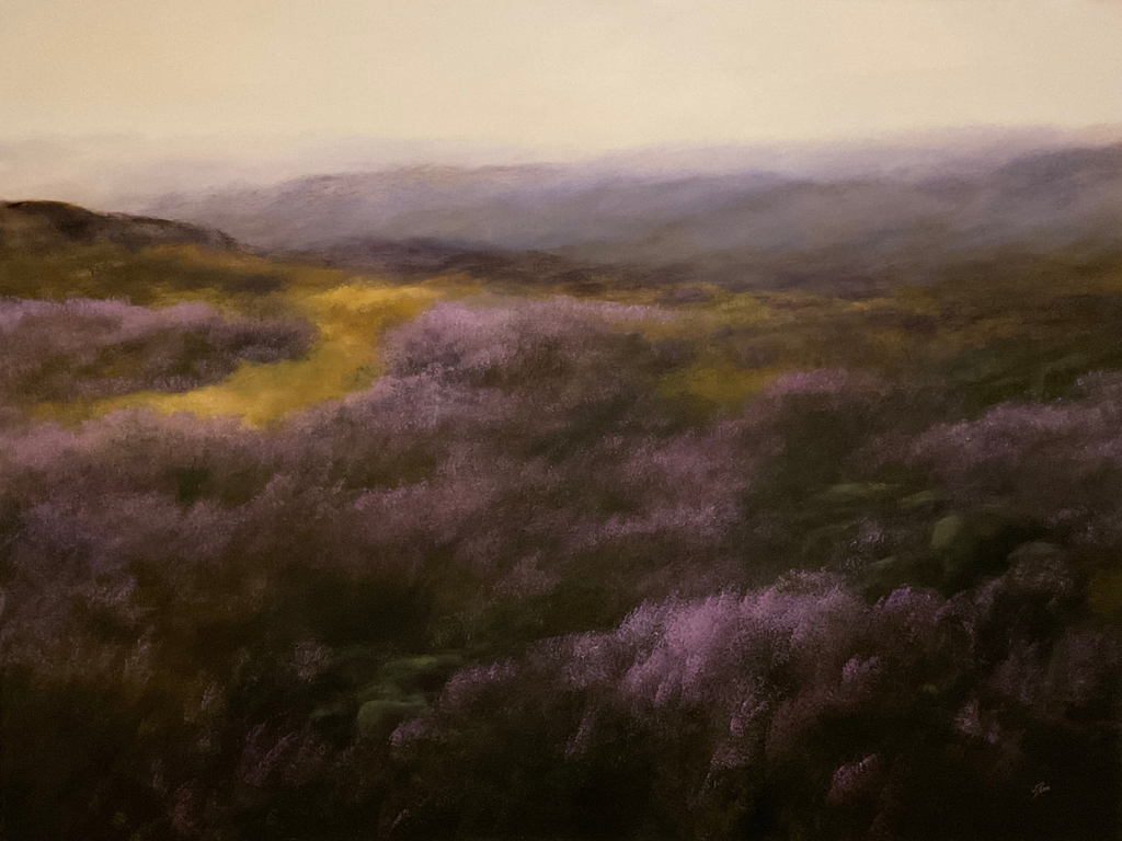 Oil painting of a Yorkshire moorland heather landscape with a hill in the foreground.