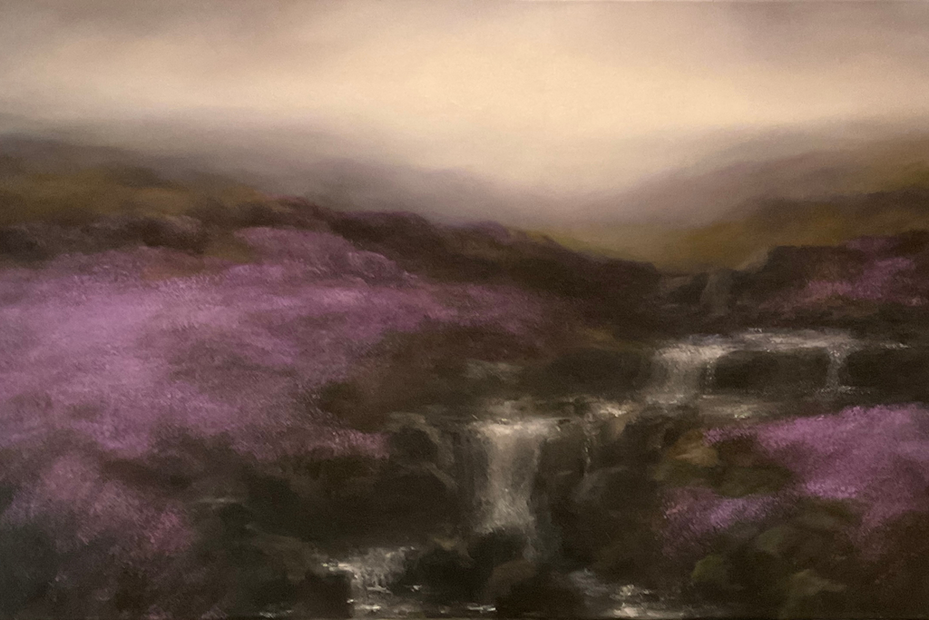 A landscape painting depicting a misty valley with purple heather, dark rocky terrain, and small waterfalls under a soft sky.