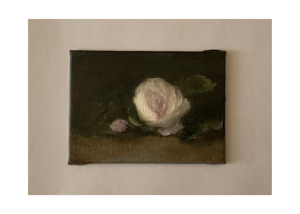 Miniature oil painting of a secret parfuma rose with a dark background.
