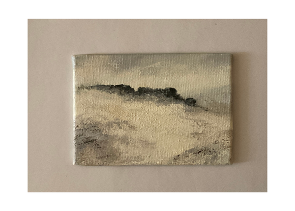 Miniature oil painting of an Ilkley Moor scene with snow and the Cow and Calf Rocks.