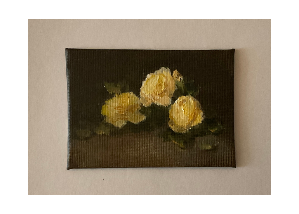 Miniature oil painting of yellow roses with a dark background.
